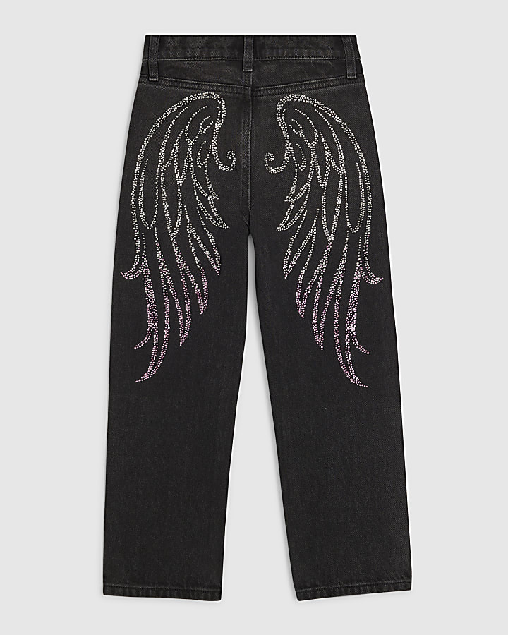 Girls Black Angel Embellished Straight Jeans