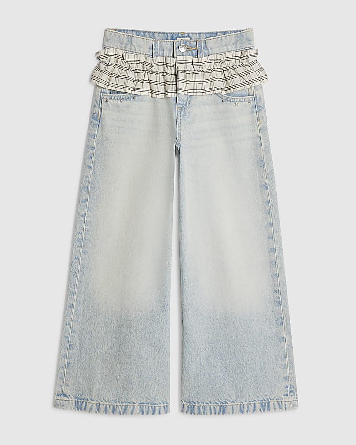 Girls Check Frill Wide Leg Jeans