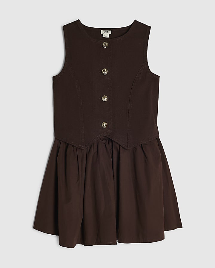 Girls Brown Hybrid Waistcoat Dress