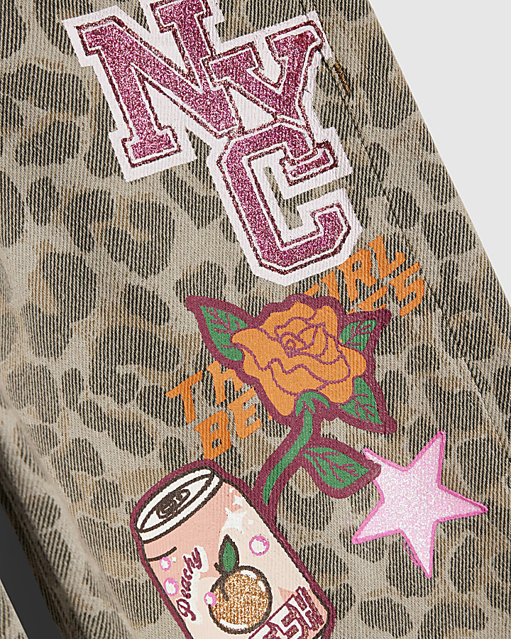 Girls Brown Leopard Badged Straight Jeans