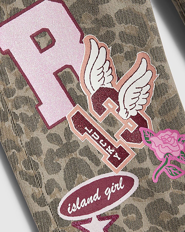 Girls Brown Leopard Badged Straight Jeans