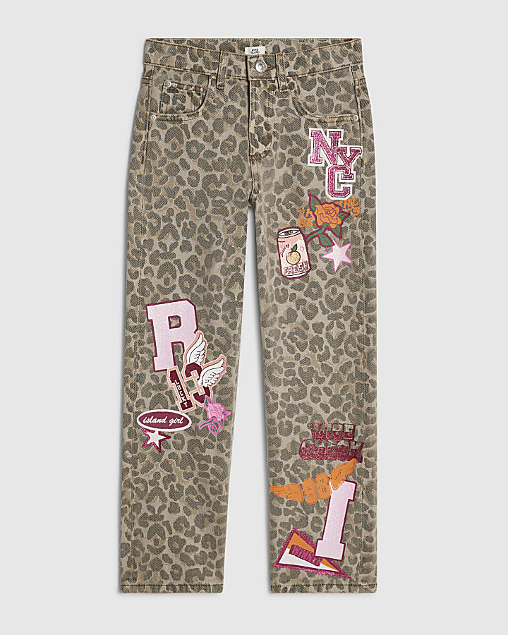 Girls Brown Leopard Badged Straight Jeans