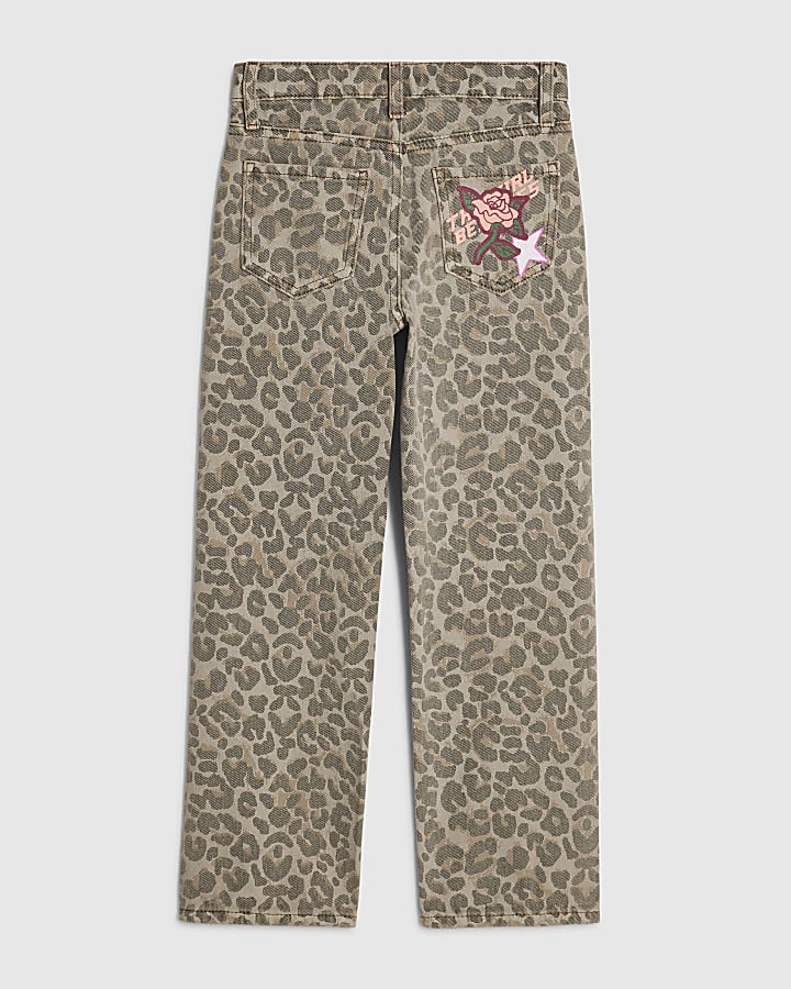Girls Brown Leopard Badged Straight Jeans