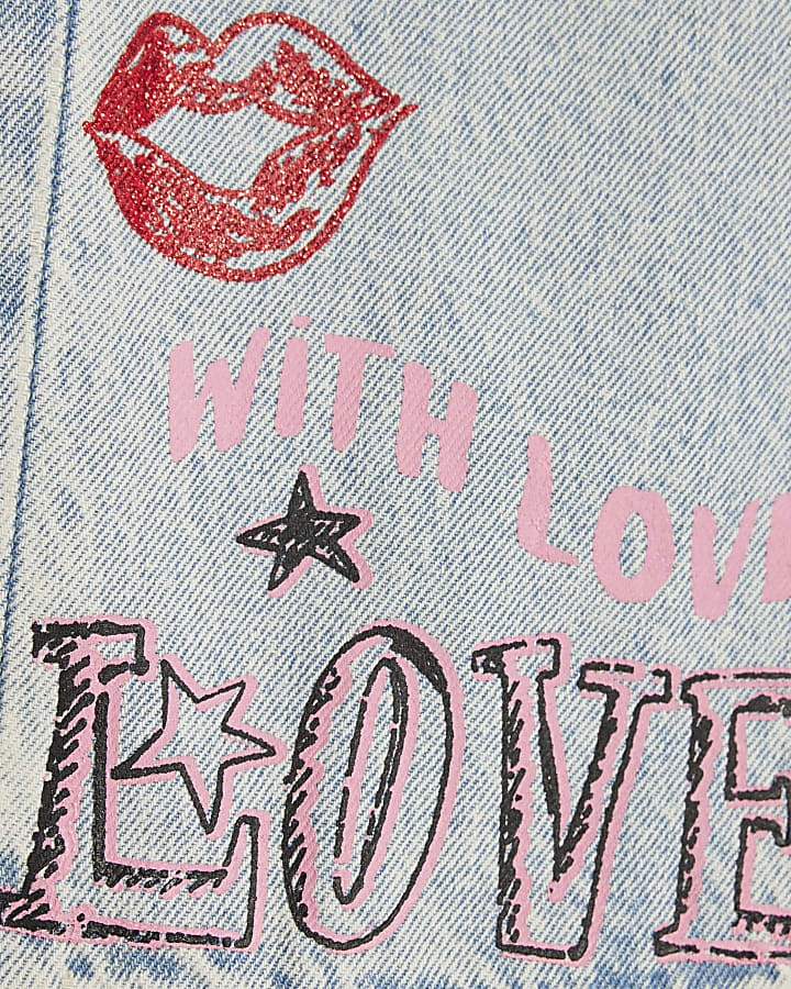 Girls Blue Leopard Heart Straight Leg Jeans