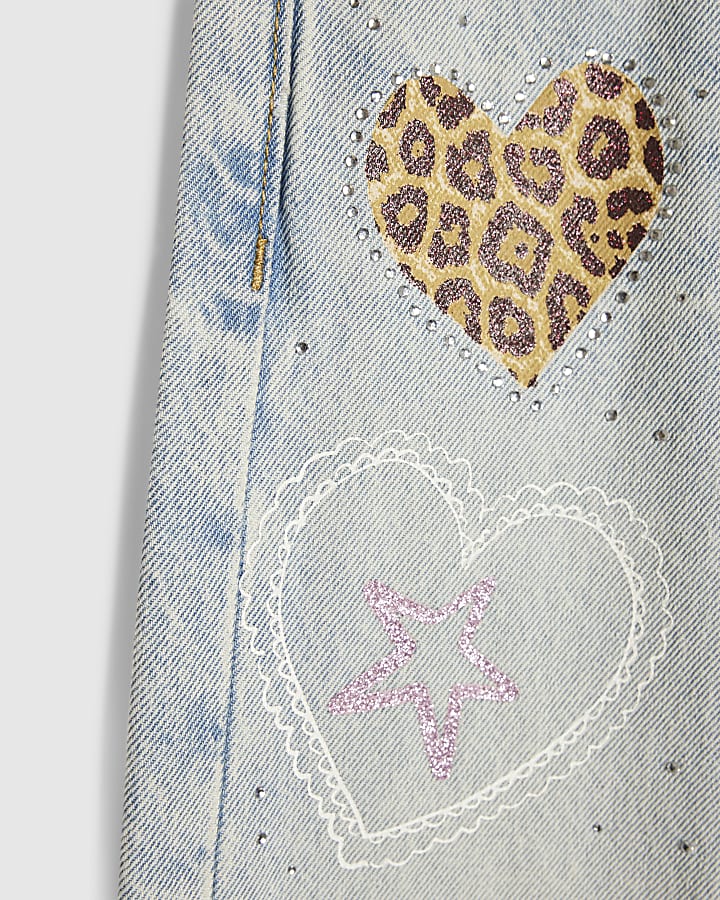 Girls Blue Leopard Heart Straight Leg Jeans