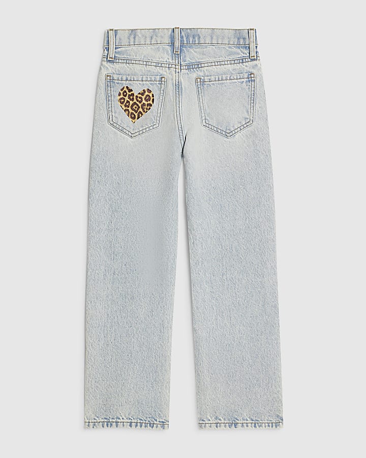 Girls Blue Leopard Heart Straight Leg Jeans