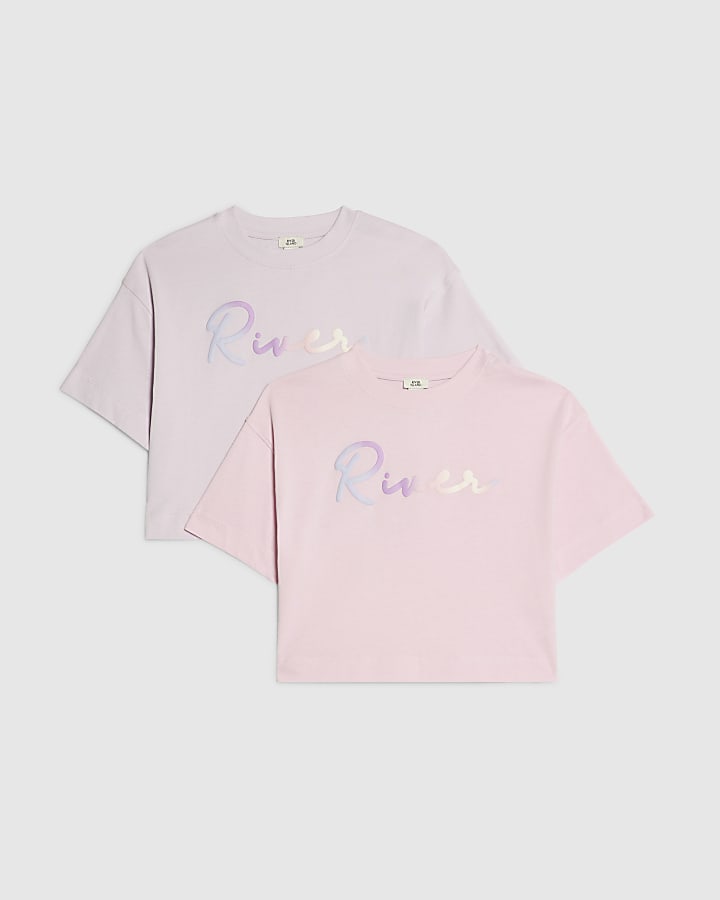 Girls Pink Scripty River Pack Of 2 Crop Tops