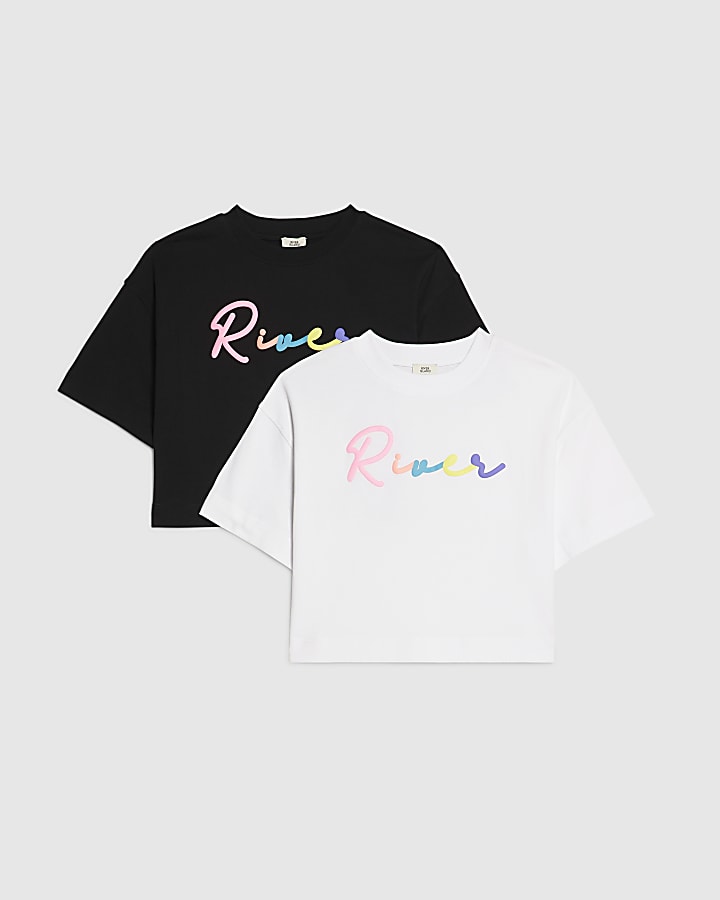 Girls Black Scripty River Pack Of 2 Crop Tops