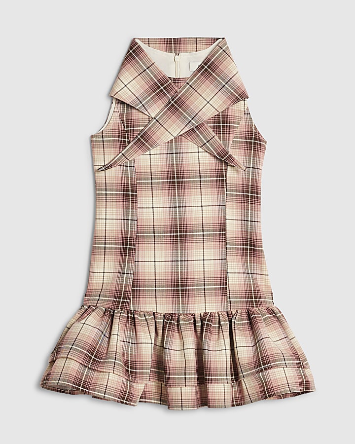 Girls Pink Check Dress And Scarf Set