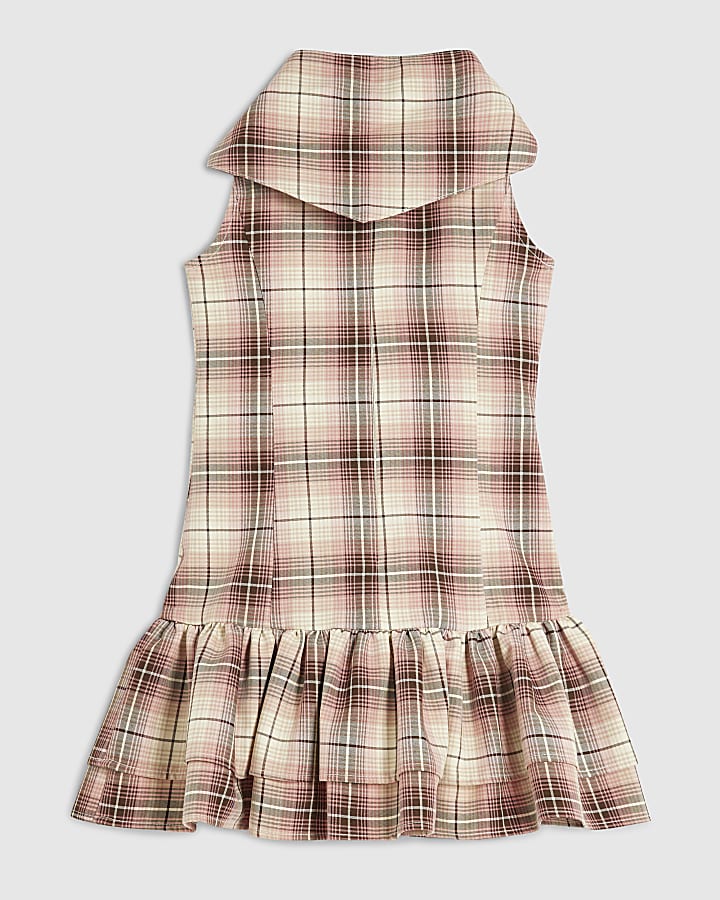 Girls Pink Check Dress And Scarf Set