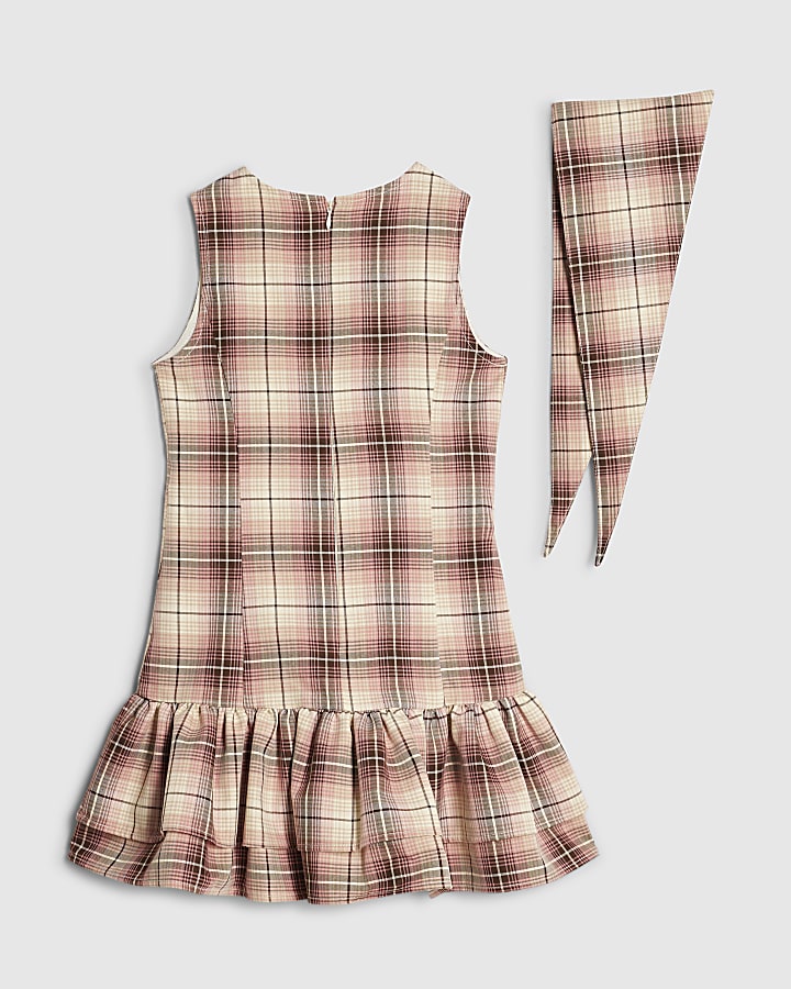 Girls Pink Check Dress And Scarf Set