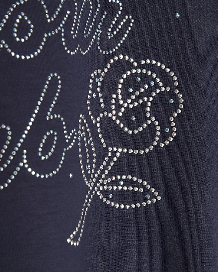 Girls Navy Embellished Amour Club T-Shirt
