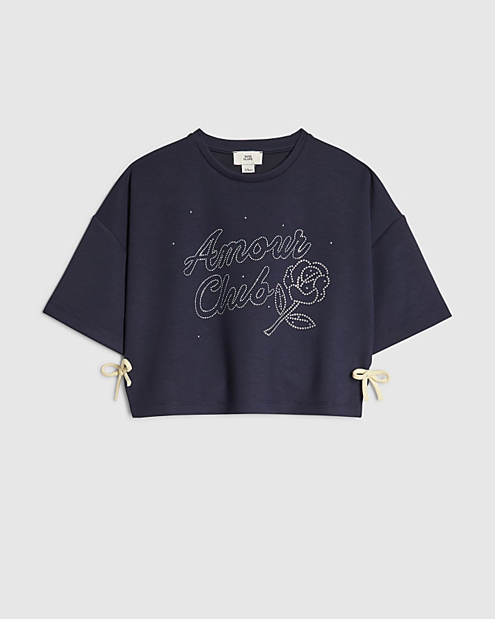 Girls Navy Embellished Amour Club T-Shirt