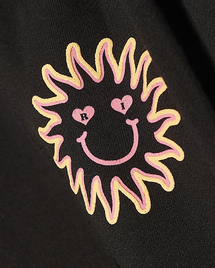 Girls Black Sun Face Wide Leg Joggers