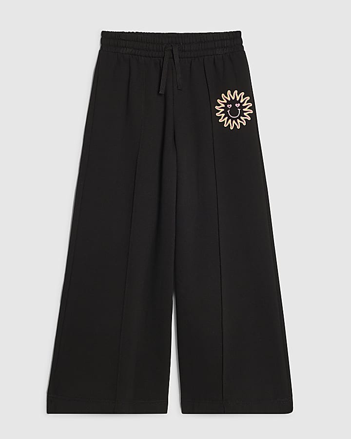 Girls Black Sun Face Wide Leg Joggers