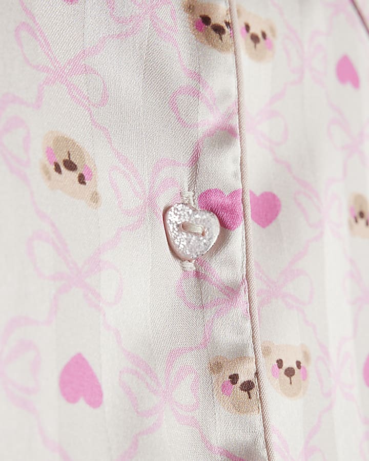 Mini Girls Cream Bow Bear Satin Pyjamas
