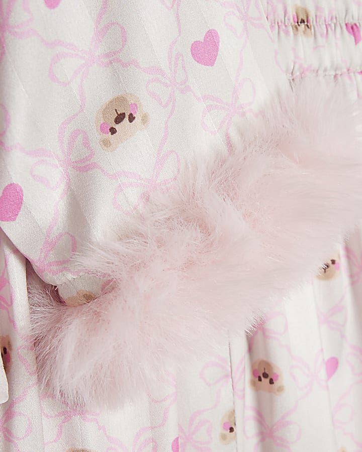 Mini Girls Cream Bow Bear Satin Pyjamas