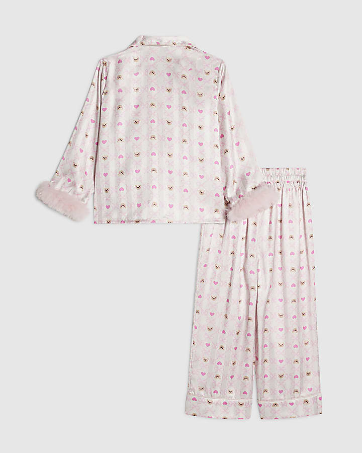 Mini Girls Cream Bow Bear Satin Pyjamas