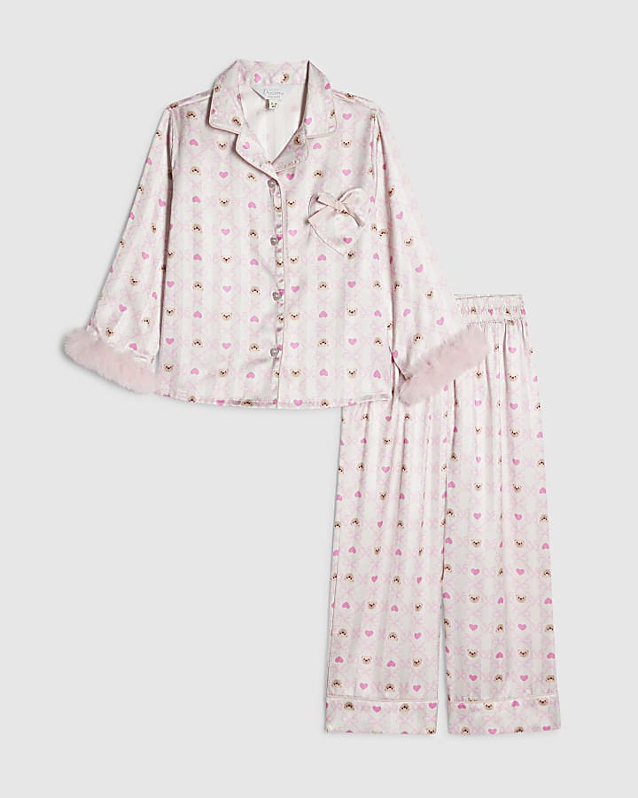 Mini Girls Cream Bow Bear Satin Pyjamas