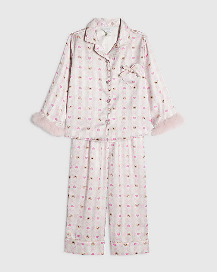 Mini Girls Cream Bow Bear Satin Pyjamas