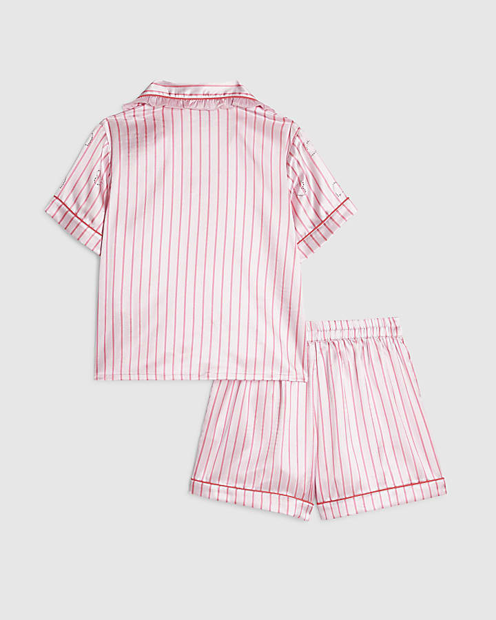 Girls Pink Satin Striped Heart Pyjamas