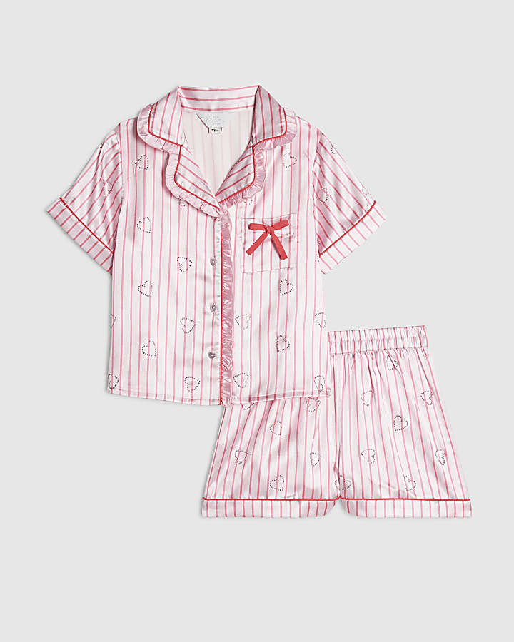 Girls Pink Satin Striped Heart Pyjamas