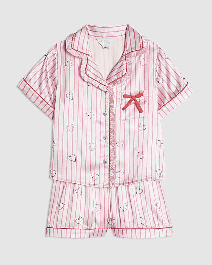 Girls Pink Satin Striped Heart Pyjamas