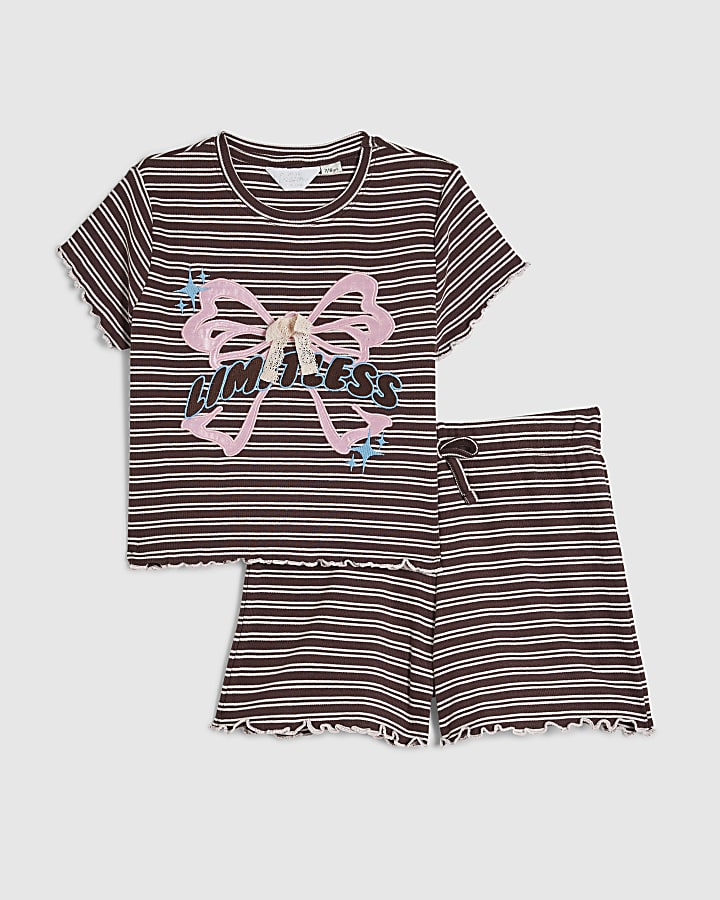 Girls Brown Bow Striped Pyjamas Set