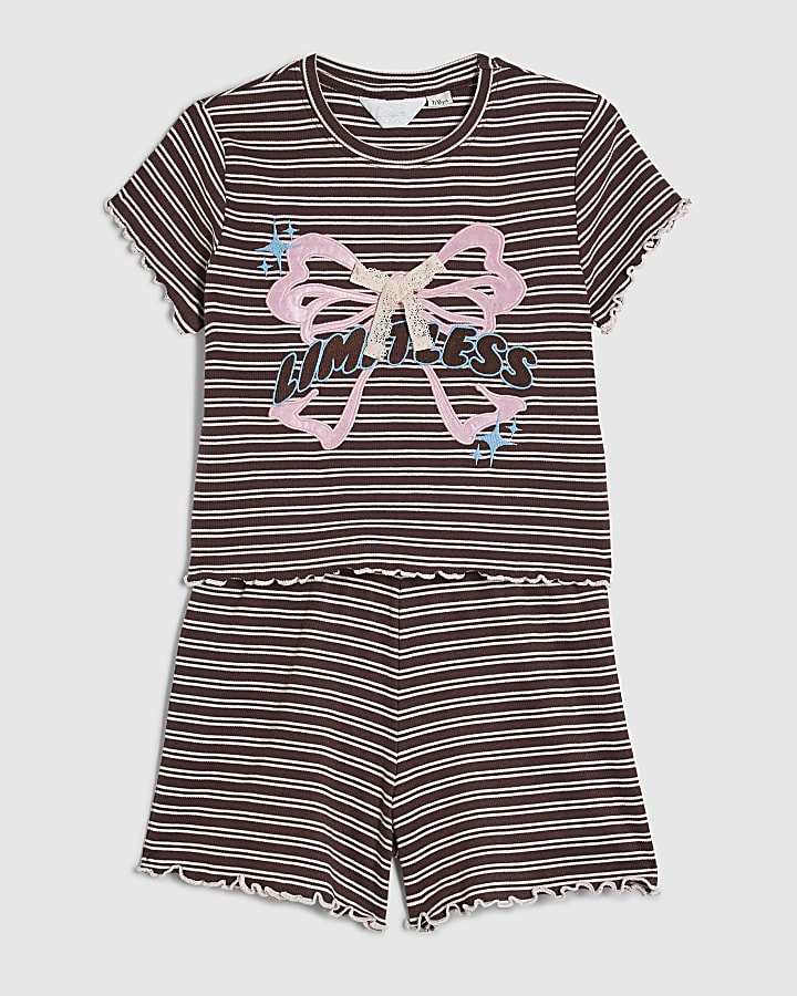 Girls Brown Bow Striped Pyjamas Set