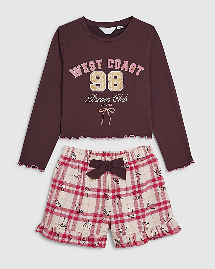 Girls Burgundy West Coast Check Pyjamas Set