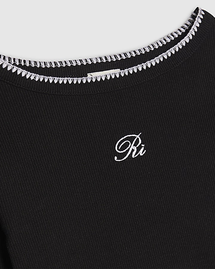 Girls Black Whipstitch Long Sleeve Top