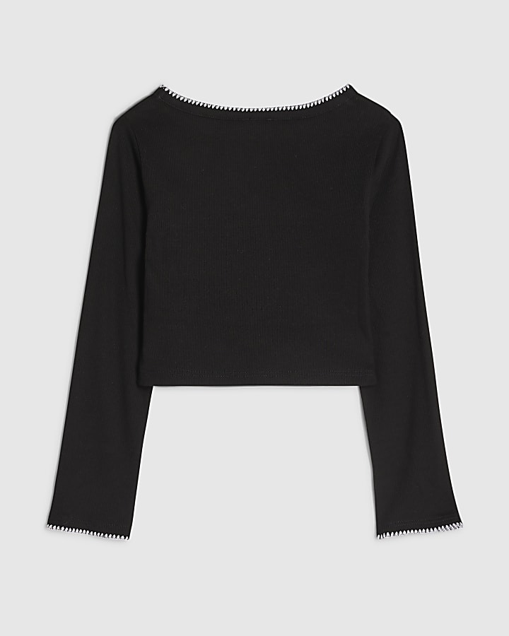 Girls Black Whipstitch Long Sleeve Top