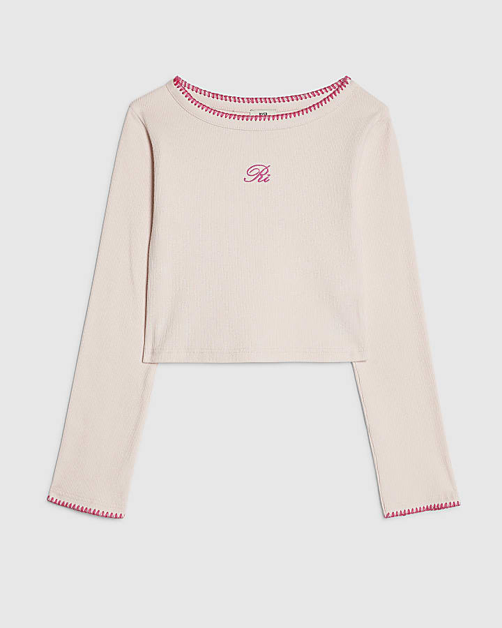 Girls Pink Whipstitch Long Sleeve Top