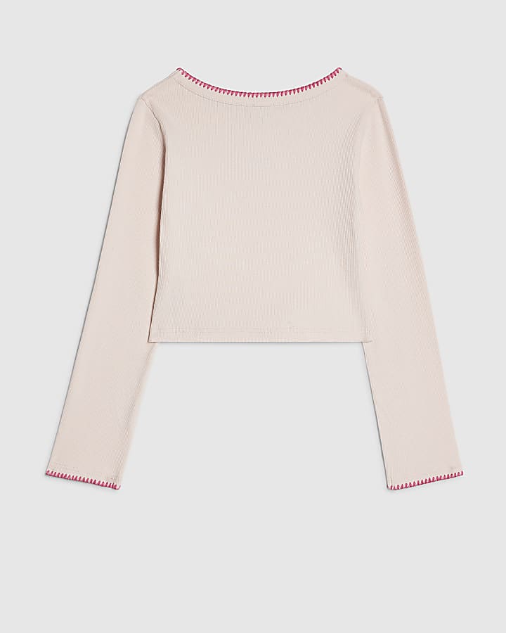 Girls Pink Whipstitch Long Sleeve Top