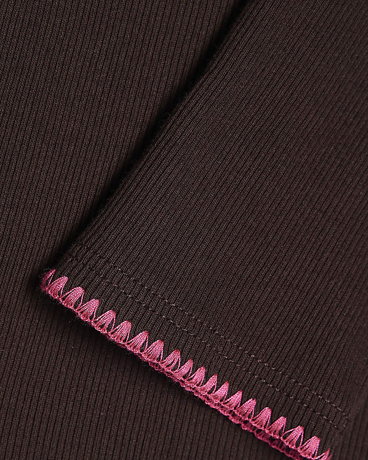 Girls Brown Whipstitch Long Sleeve Top