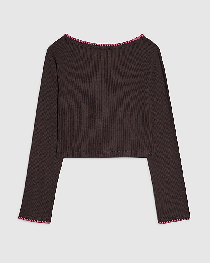 Girls Brown Whipstitch Long Sleeve Top