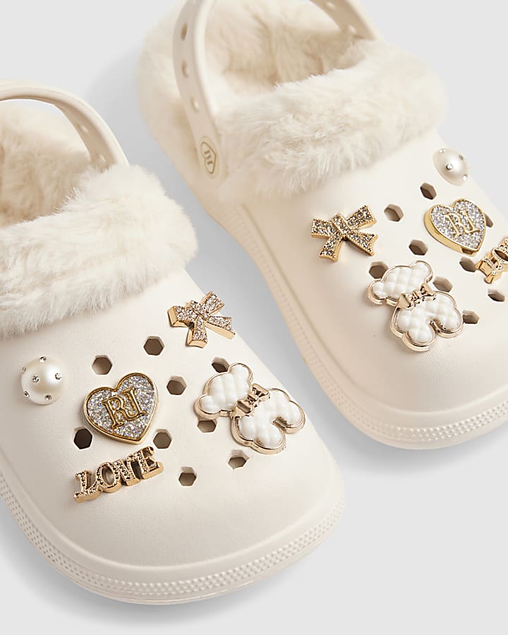 Girls Cream RI Heart Gem Fluffy Lined Clogs