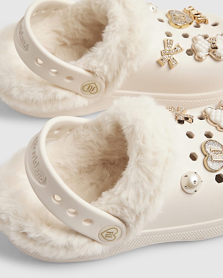 Girls Cream RI Heart Gem Fluffy Lined Clogs