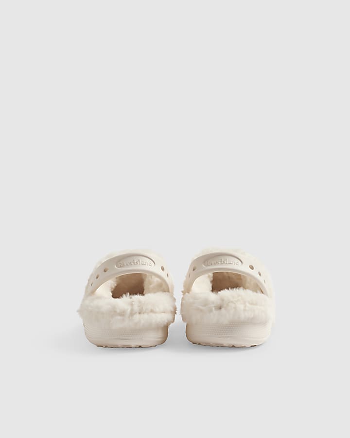 Girls Cream RI Heart Gem Fluffy Lined Clogs