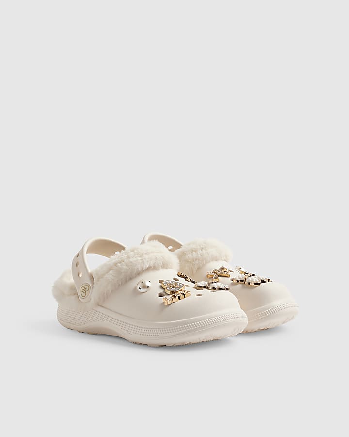 Girls Cream RI Heart Gem Fluffy Lined Clogs
