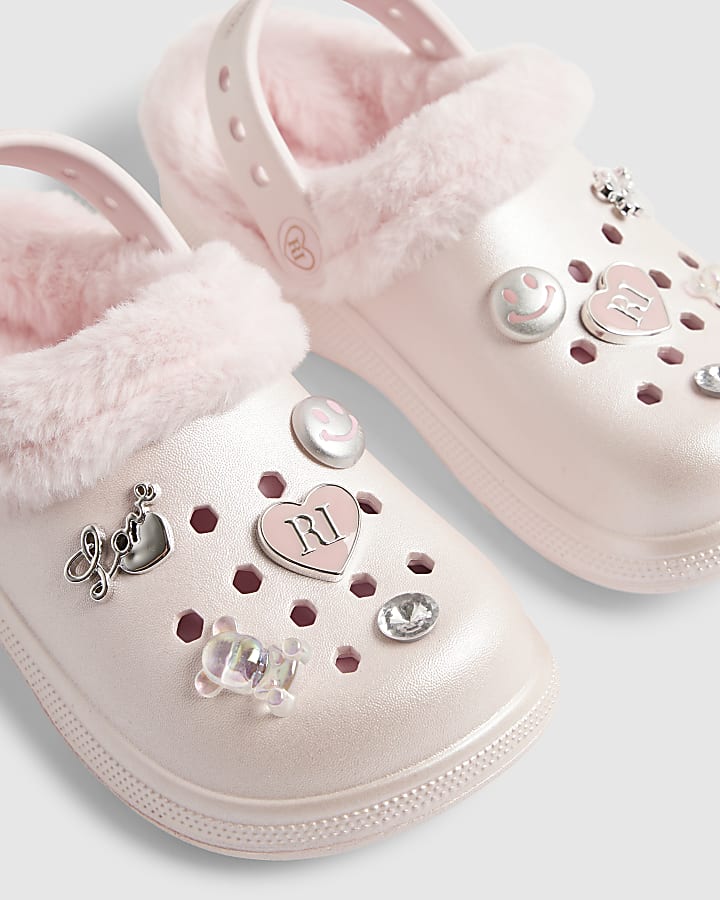 Girls Pink RI Heart Gem Fluffy Lined Clogs