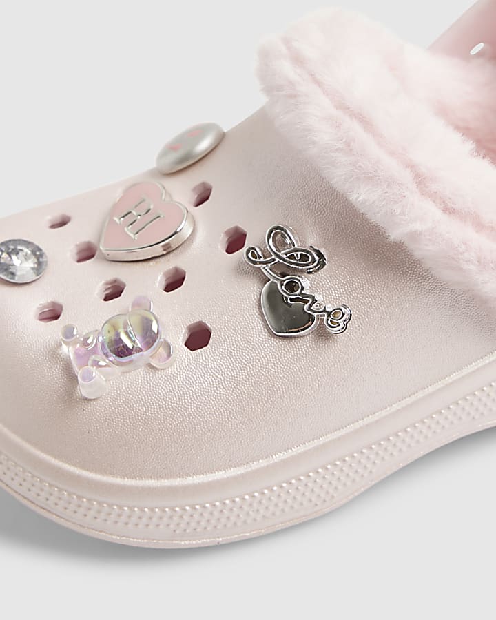 Girls Pink RI Heart Gem Fluffy Lined Clogs