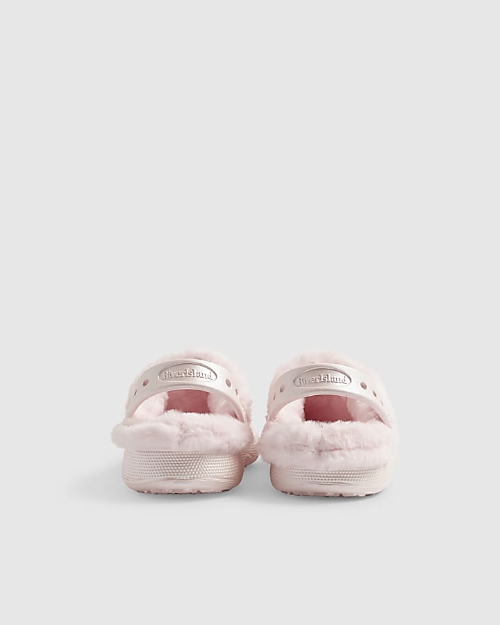 Girls Pink RI Heart Gem Fluffy Lined Clogs