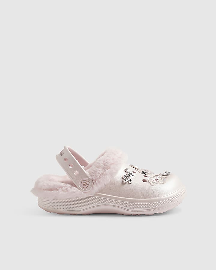 Girls Pink RI Heart Gem Fluffy Lined Clogs