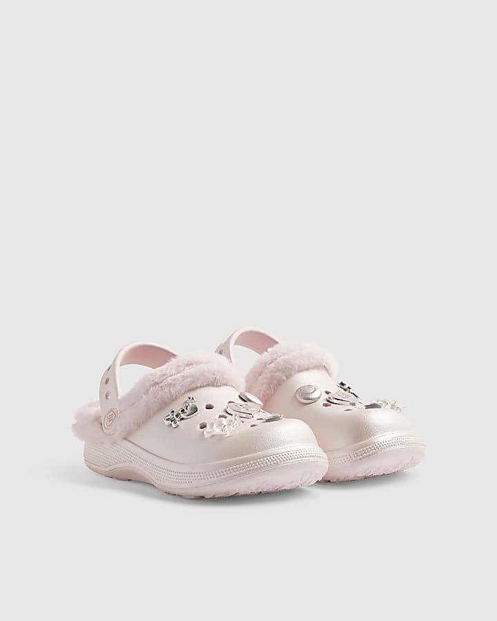 Girls Pink RI Heart Gem Fluffy Lined Clogs