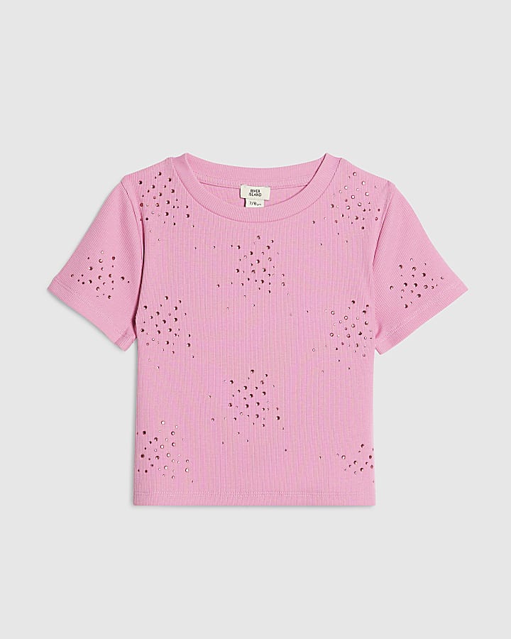 Girls Pink Scattered Embellished T-Shirt