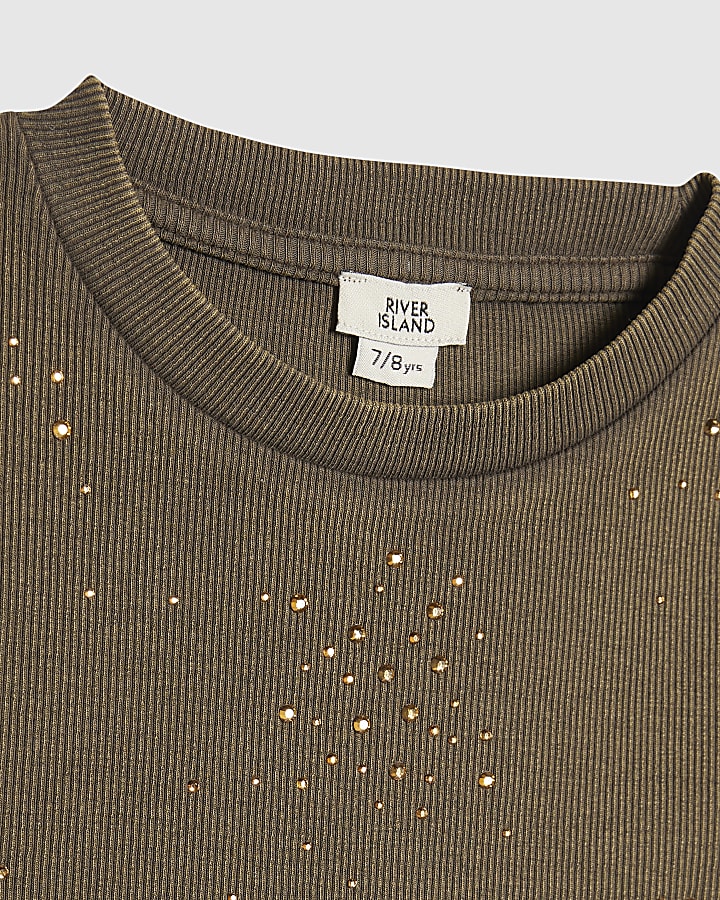 Girls Khaki Scattered Embellished T-Shirt