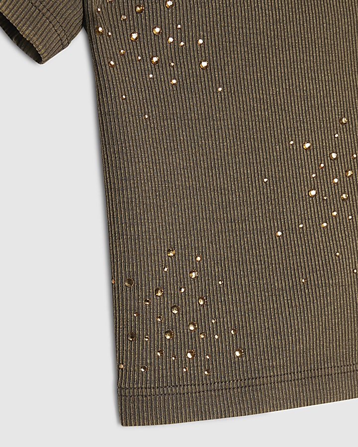 Girls Khaki Scattered Embellished T-Shirt