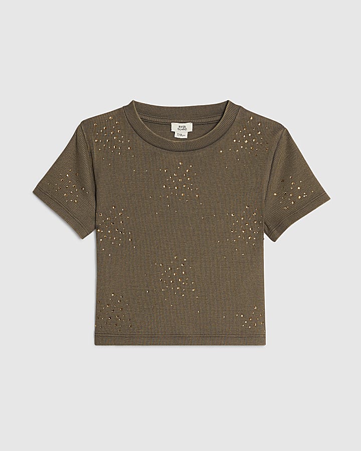Girls Khaki Scattered Embellished T-Shirt