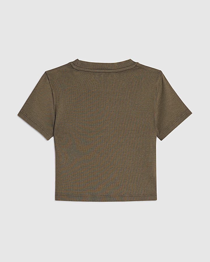 Girls Khaki Scattered Embellished T-Shirt